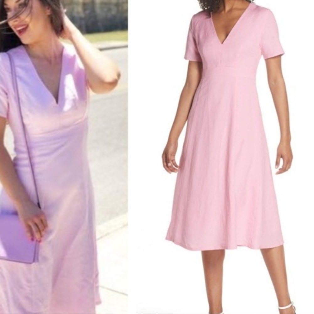 First Monday Short Sleeve Pink Linen Blend V-neck Dress Size Medium